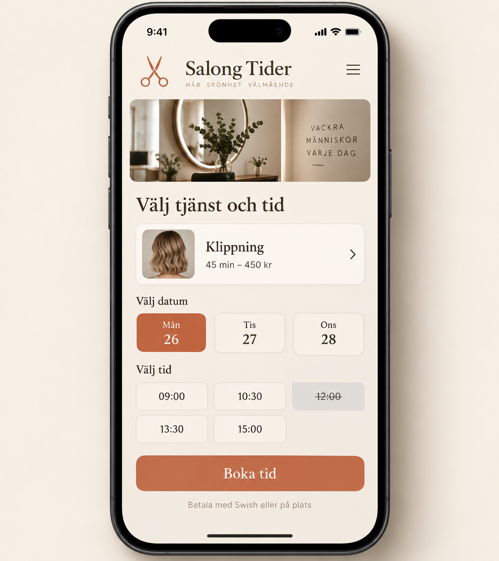 Kundens bokningssida med tjänst, datum, lediga tider och Boka tid-knapp